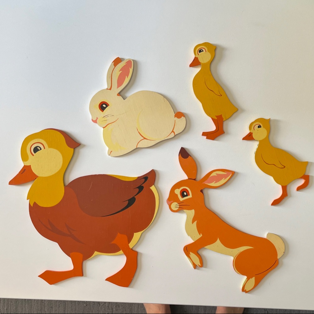 Vintage Wooden Animal Wall Decals by Heller. Orange, Yellow, Cream